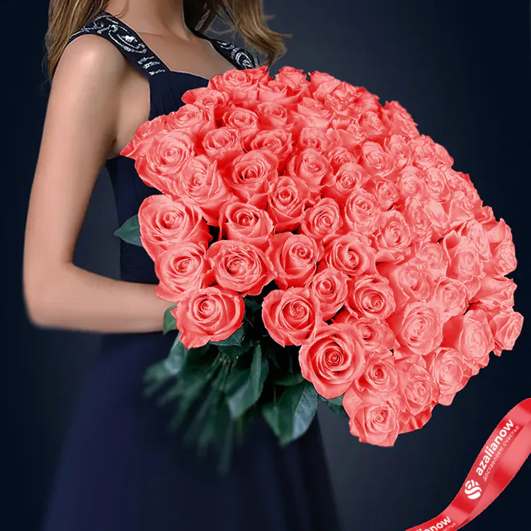 Фото 1: 51 коралловая роза с лентой. Сервис доставки цветов AzaliaNow