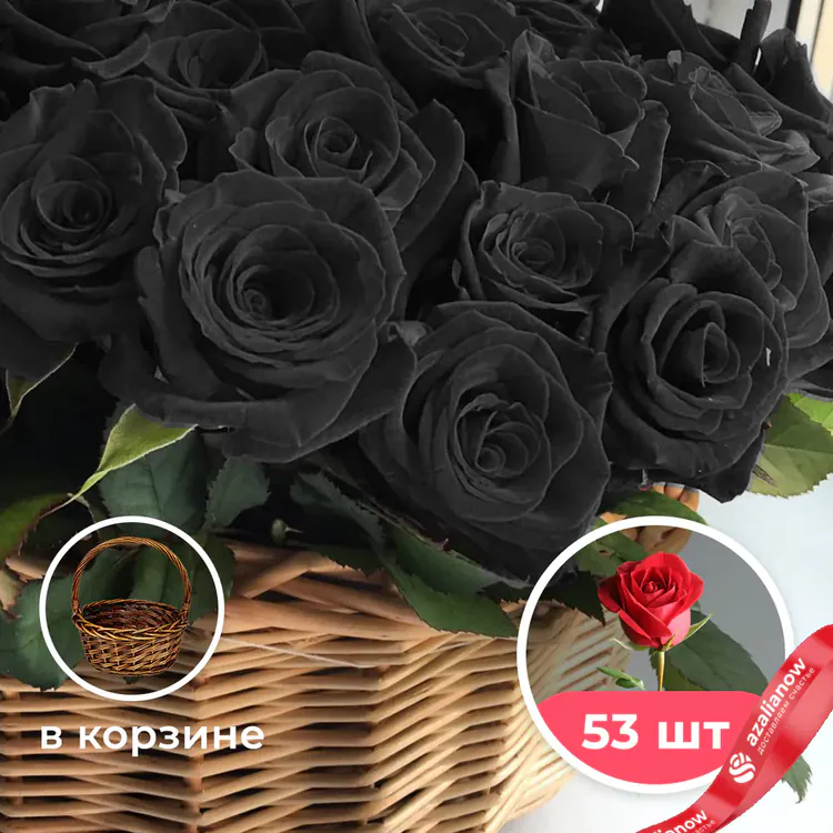 Фото 1: 53 черные розы в корзине. Сервис доставки цветов AzaliaNow