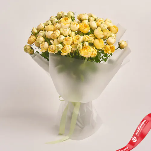 Фото 1: Букет из 15 кустовых пионовидных желтых роз в  прозрачной упаковке. Сервис доставки цветов AzaliaNow